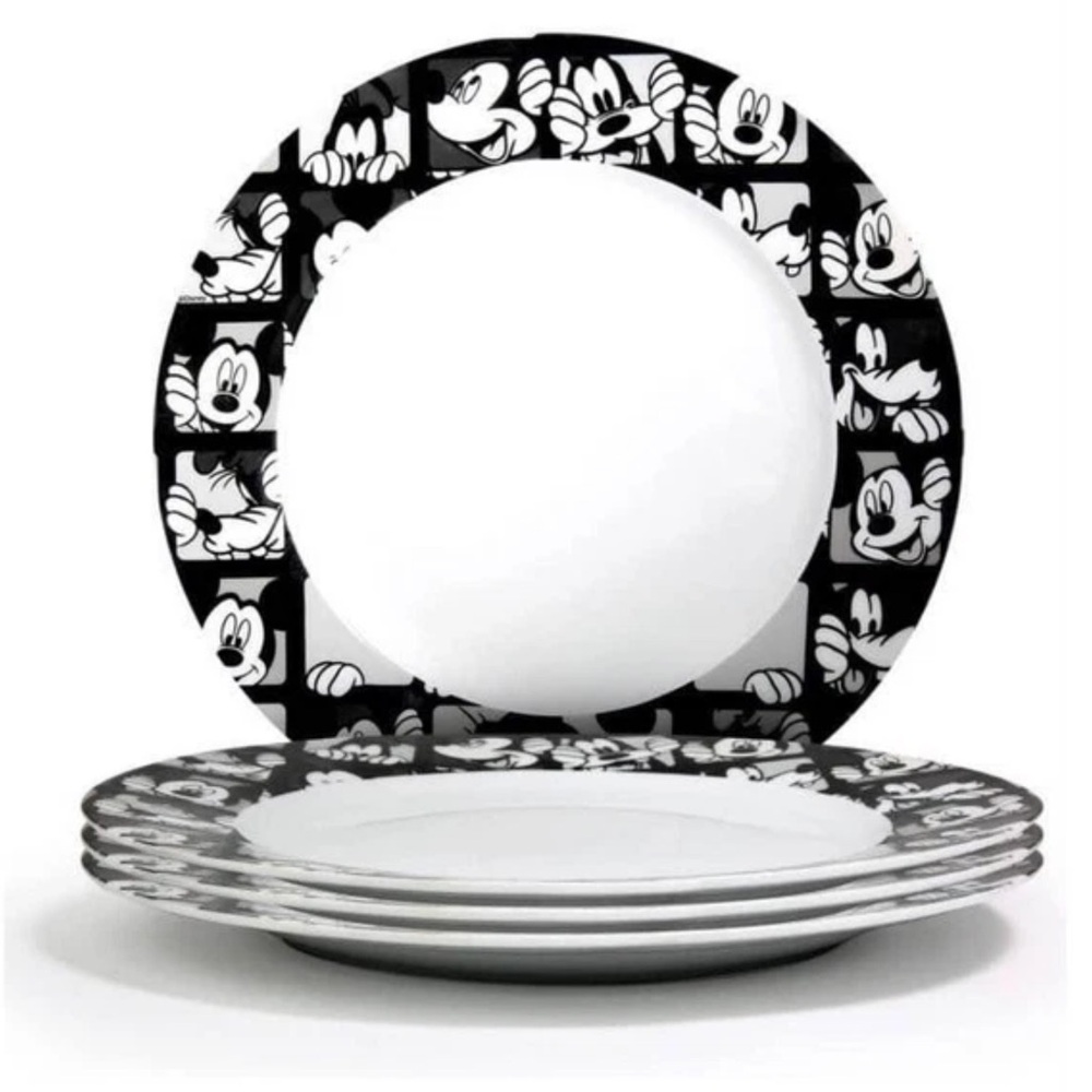 4 Disney Mickey Goofy Grid Black White 10.5” Dinner Plates Zrike Set of 4 New